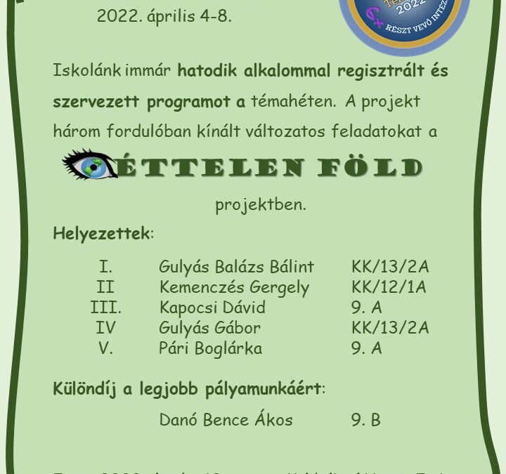 DIGITÁLIS TÉMAHÉT 2022. április 4-8. SZEMÉTTELEN FÖLD PROJEKT